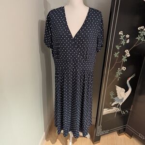 NEW L.L.Bean Womens 2X Summer Knit PolkaDot Short Sleeve Midi Dress NavyBlue 169